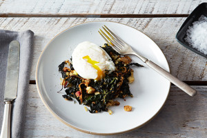 Slow-Cooked Kale, Pancetta Breadcrumbs + Poached Egg